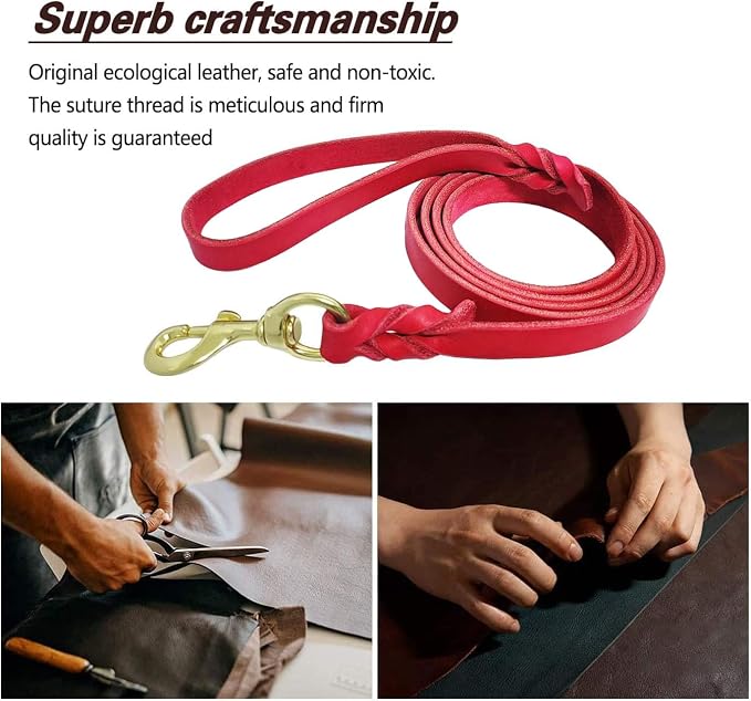 LWBMG Leather Dog Leash 6ft, Heavy Duty Dog Training Leash, Strong Durable Handmade Braided Pet Leashes, Soft and Comfortable Leather Leashes for Large, Medium Dogs Red