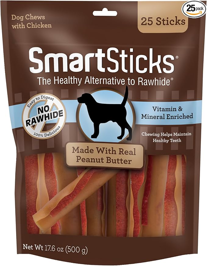 SmartBones SmartSticks With Real Peanut Butter, Rawhide-Free Chews for Dogs, 25 Count