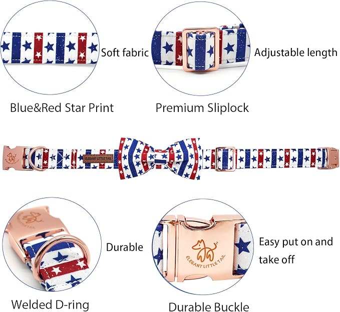 Elegant little tail Independence Dog Collar, Patriotic Pet Collar with Bow Tie American 4th of July Pet Cotton Soft Boy Girl Adjustable Collars for X-Small Puppy