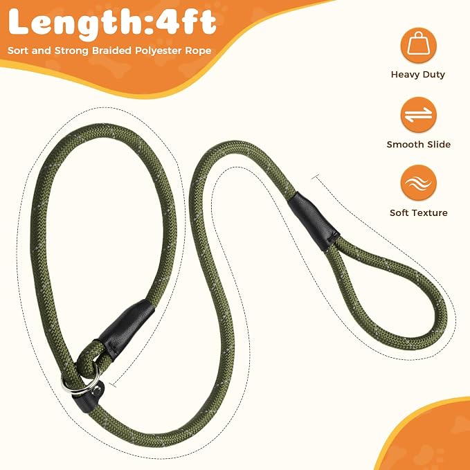 Reflective Slip Leads for Dogs,6FT x 1/2" Dog Leash Heavy Duty Strong Rope Lead for Large, Medium Dogs, No Pull Pet Training Leash(Green, Large(1/2in-4ft))