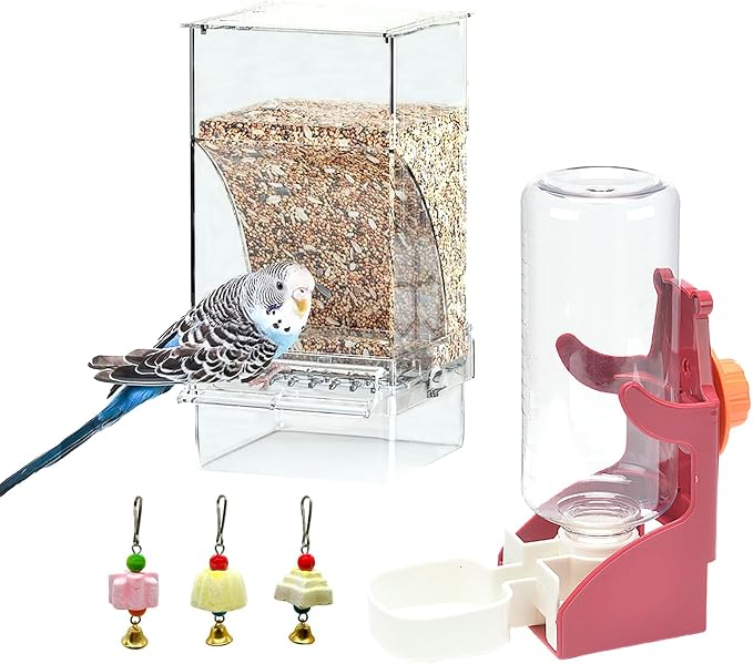 Parrot Automatic Feeder Bird Water Dispenser for Cage No Mess Bird Feeder Food Container Feeding Station Foraging with 3 Beak Grinding Stone for Cockatiel Cockatoo Canary Lovebirds