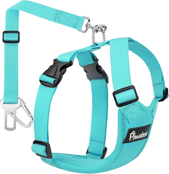 Pawaboo Breathable Dog Seat Belt Harness for Car, Adjustable Dog Safety Vest Harness with Vehicle Connector Strap, L, Full Blue