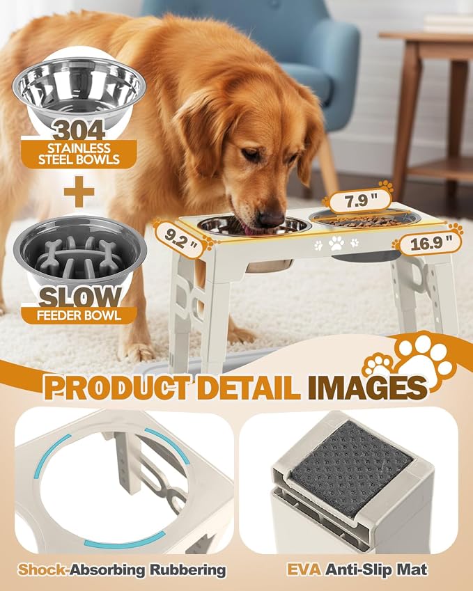 Jovrun Elevated Dog Bowls for Medium Large Dogs with Mat, Non-Slip Dog Feeder with 1*Stainless Steel Dishes & 1*Slow Feeder Bowl, 5 Heights Adjustable Raised Bowls for 3.15″-8.66″-9.84″-11.02″-12.2″