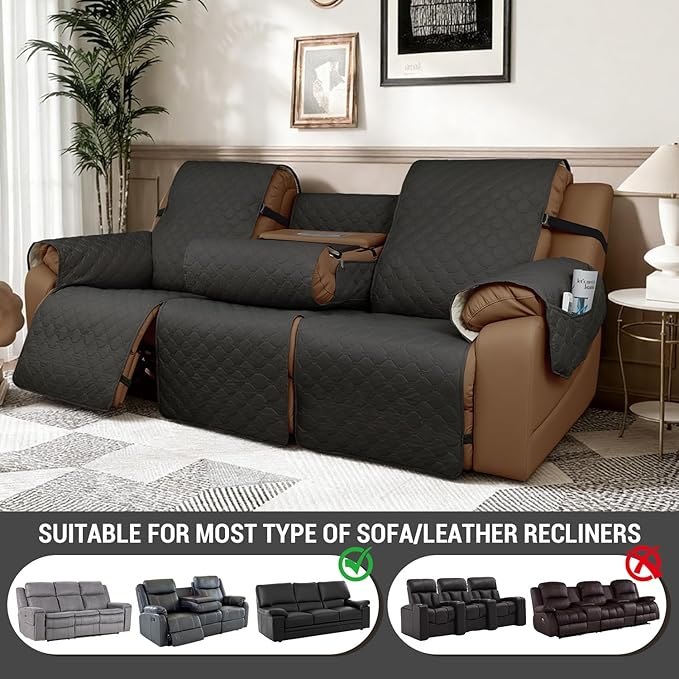 Waterproof Recliner Sofa Covers with Flipped Middle Backrest Washable Recliner Couch Covers Non-Slip with Elastic Straps Furniture Protector for Kid Dogs Pets (Dark Grey)
