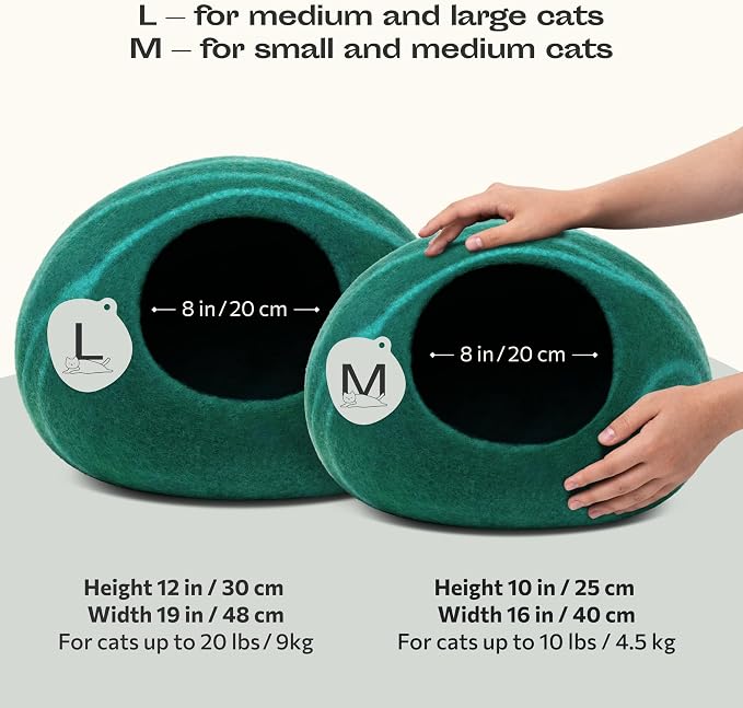 MEOWFIA Cat Cave – Premium Felt Cat Enclosure for Indoor Cats, Handmade Merino Wool (Emerald, Large)
