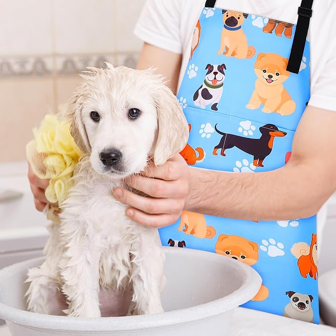 Dog Grooming Waterproof Apron with 2 Pockets, Cute Animals Puppy Dog Pets Apron