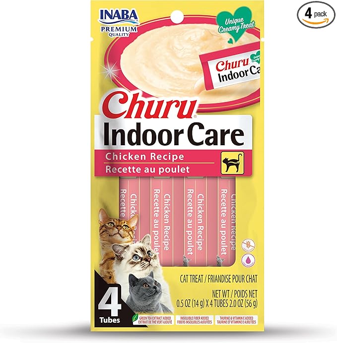 INABA Churu for Cats, Functional, Creamy Lickable Purée Cat Treat for Indoor Care and Hairball Control with Taurine & Vitamin E, 0.5 Ounces Each, 4 Tubes (1 Pack), Chicken Recipe
