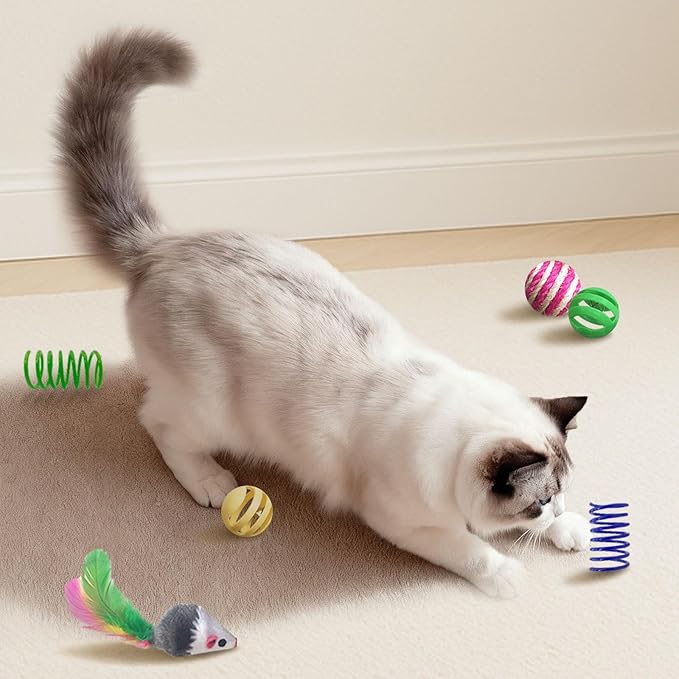 Cat Toys for Indoor Cats, 34 Packs Interactive Cat Toy Set with Colorful Springs Toys, Mouse Toy, Catnip Ropes, Balls, Bells, and Sisal Ball for Kitten Toys