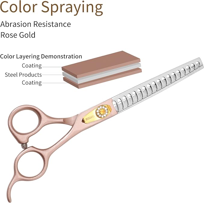 7.5‘’ Professional Dog Grooming Scissors Set 440C Stainless Steel Straight Thinning Curved Chunker Shears 4PCS Set for Pet Grooming Services Dogs and Cats (Rose Gold, Set)