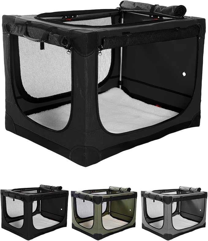 Veraste 42" L x 31" W x 31" H Collapsible Travel Dog Crate, Quick-Setup Portable Soft Dog Kennel for Large Dogs up to 90 lbs, 4-Door Foldable Travel Crate with Storage Bag, Black