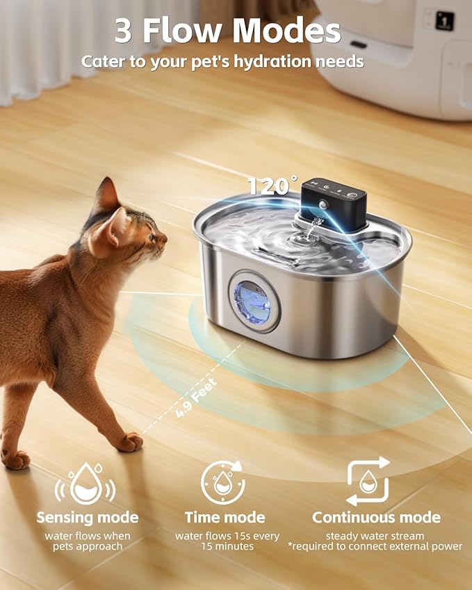Wireless Cat Water Fountain Stainless Steel, Pet Drinking Fountain Cordless – 3.2L/108oz Battery Operated Automatic Water Dispenser for Cats Indoor, with Motion Sensor & Quiet Pump (1 Filter)