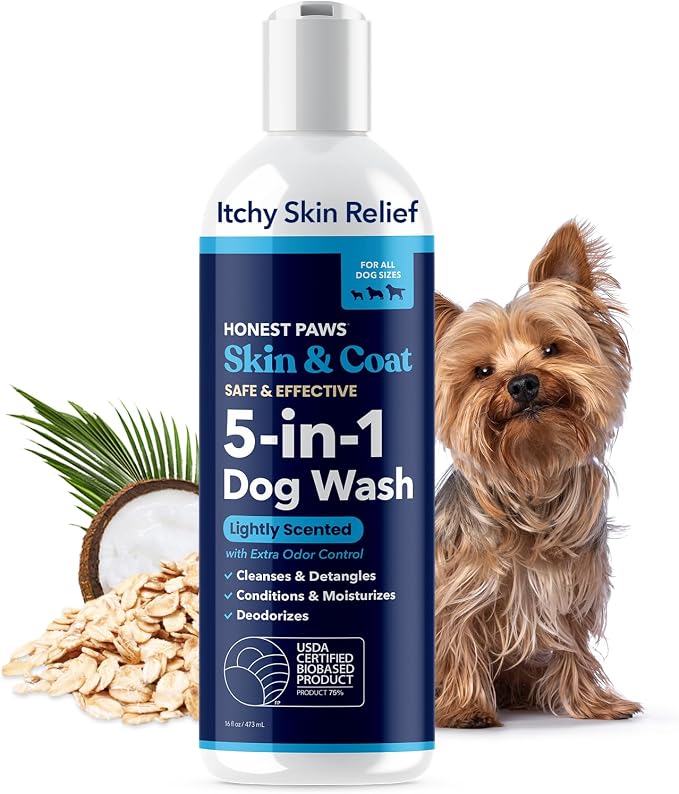 Honest Paws Dog Shampoo and Conditioner - Premium Dog Wash for Allergies Dry, Itchy, Moisturizing for Sensitive Skin - Sulfate Free Plant Based All Natural - Lightly Scented w/Odor Control -16 Fl Oz