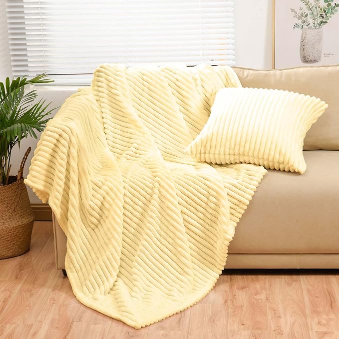 Bnuitland Light Yellow Flannel Throw (50X71 inches) with Pillow Cover(18×18"),300GSM Super Soft Fleece Stripe Pattern Sofa Blanket, Lightweight Cozy Bed Throw for Home Decor All Season