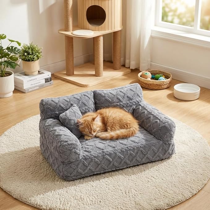 Plush Calming Pet Sofa Bed with Removable Cover, Fluffy Dog Cat Bed Pet Couch Beds Plush, Plushs Cat Couch Bed, Soft Warming Washable Puppy Bed (Light Grey, XXX-Large)