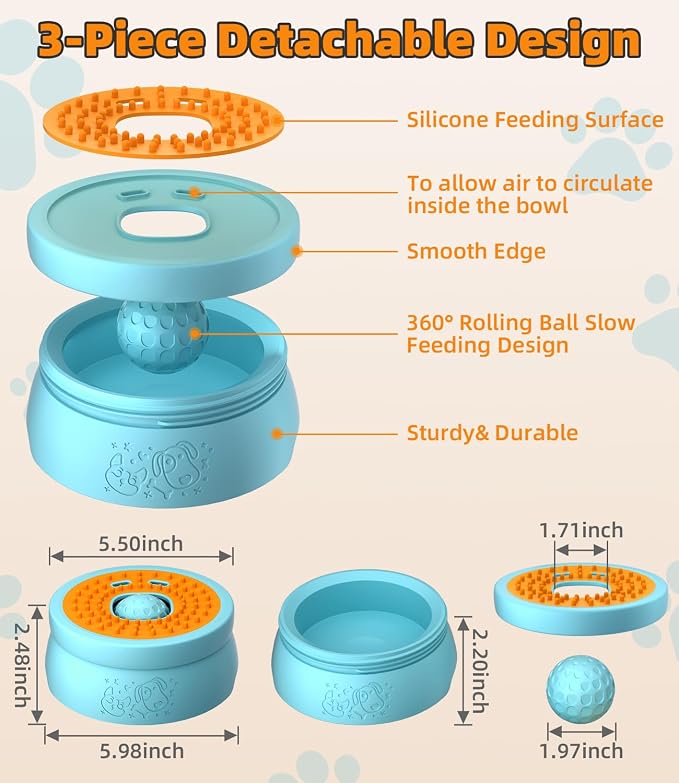 Slow Feeder Dog Bowl, 2-in-1 Interactive Dog Slow Feeder with 360° Rolling Ball for Yogurt, Wet Food & Liquid Treats, Spill-Resistant Anti-Slip Feeding Bowl for Dogs & Cats, Easy-Clean(Blue)