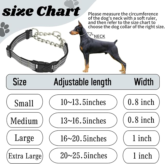 Martingale Dog Collars, Reflective Nylon Collar with Stainless Steel Chain, Adjustable Walking Training Dog Collars with Quick Release Buckle, Suitable for Small Medium Large Dogs(Gray,XL)