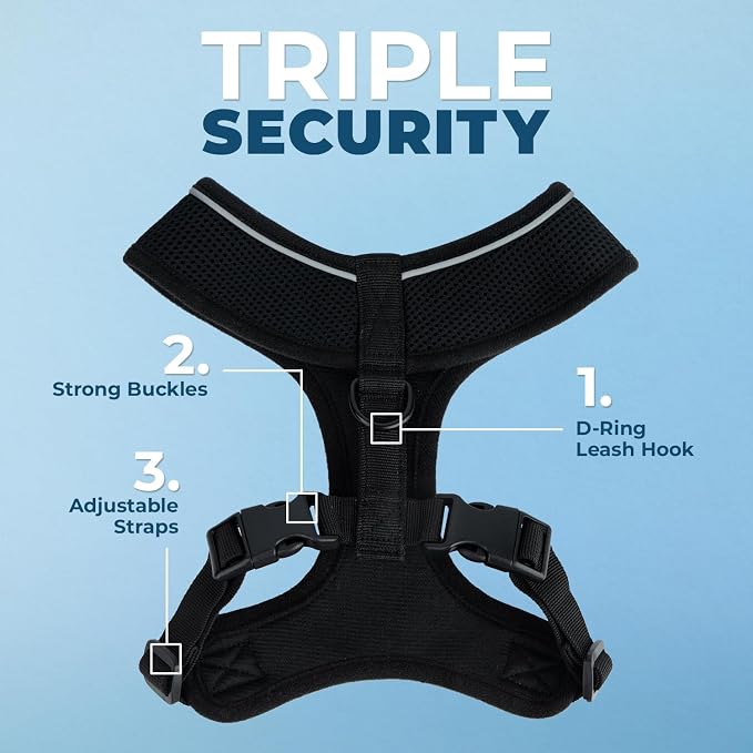 Voyager Aerolite Over The Head Dog Harness, No Pull Breathable Air Mesh Vest, Quick Dry with Reflective Stitching, Adjustable Escape Resistant Harness for Small Medium Large Dogs - Black, Large