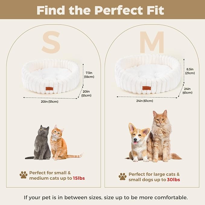 Avont Fluffy Cat Bed for Indoor Cats, Cozy Plush Sleeping Nest for All Sleep Styles, Washable Removable Cushion & Anti-Slip Base, Calming Round Bed for Kittens & Small Dogs – Cream(S)