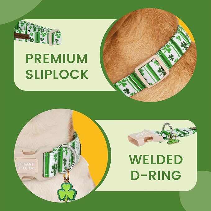 Elegant little tail St Patrick's Dog Collar - Green Cute Clover Cotton Shamrock Pet Collar Trefoil Adjustable Cotton Pet Collar with Quick Release Buckle for Large Dogs