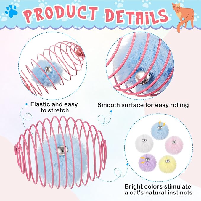 Jecery 5 Pcs Cat Spring Toys Stretchable Rolling Balls Colorful Playful Coils Interactive Action Toy Caged Rats for Kitten Pet Supplies (Pom-pom with Bell,Multicolor)