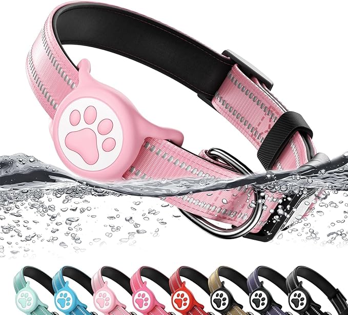 Airtag Dog Collar, Reflective Ultra-Durable Nylon Padded with QR Buckle & IP68 Waterproof Air Tag Holder Compatible for Apple AirTag, Comfortable for Small Medium Large Dogs (Pink,XL)