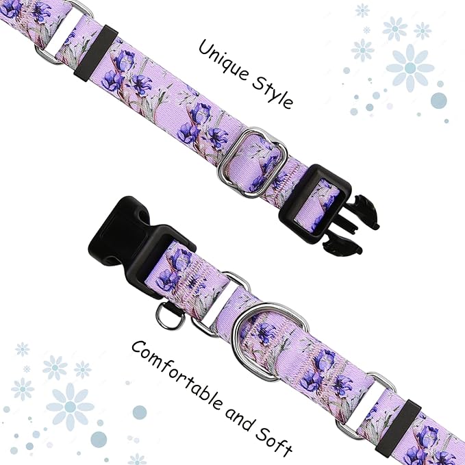 Martingale Collar for Dogs Floral Dog Collars for Small Medium Large Dogs with Buckle Adjustable Soft Nylon Dog Collar (Purple Lily, Large)