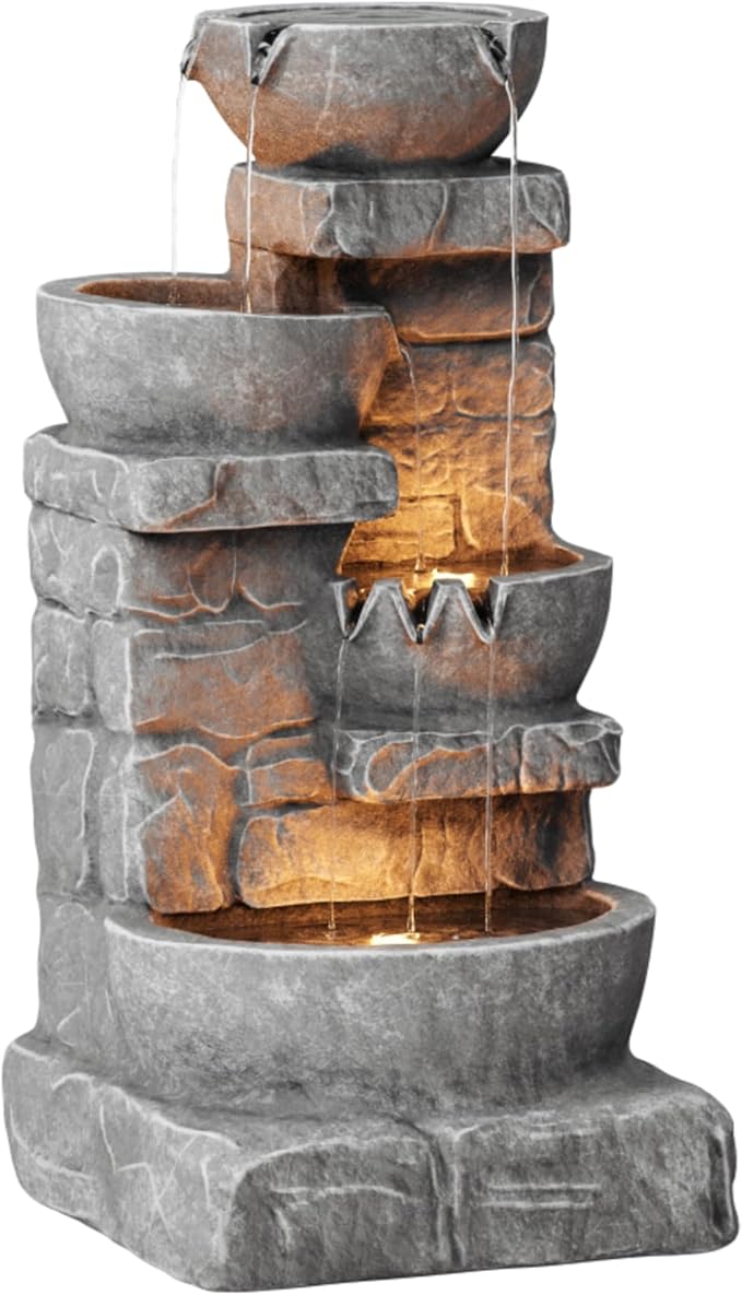 Teamson Home 33" Outdoor Water Fountain with LED Lights, 3-Tier Cascading Bowls, Weather-Resistant Resin Garden Water Feature for Patio, Lawn, and Backyard Decor – Stone Gray