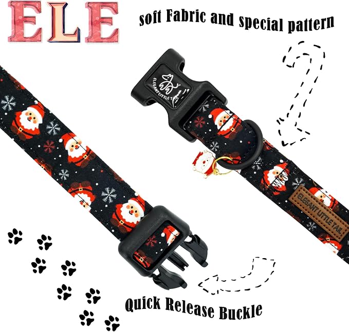 Elegant little tail Christmas Dog Collar, Santa Claus Print Pet Collar Cotton Soft Plastic Buckle Sturdy Puppy Collars Holiday Female or Male Adjustable Collar for Large Dogs