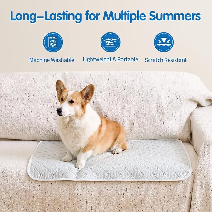 Pet Cooling Mat Scratch Resistant QMAX>0.5 Instant 6-12°F Drop, No Water or Electricity Needed Self Cooling Crate Mat for Bed, Floor, Car Travel Indoor Outdoor Summer Use Light Gray 36" x 24"