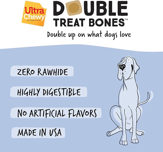 Ultra Chewy Yogurt with Blueberry Double Treat Bones: Long-Lasting Dog Treats Made in USA for Large and Small Breeds, Highly Digestible (24 Count)