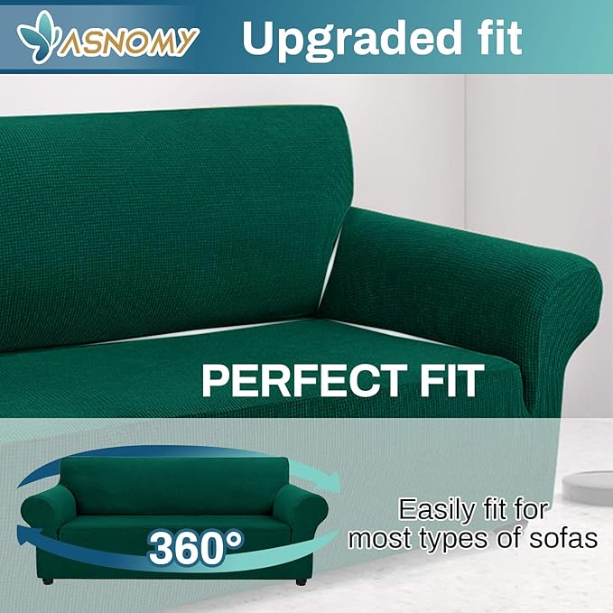Asnomy Couch Covers for 3 Cushion Couch Stretch Sofa Covers Slipcovers, Pet Protector Furniture Covers for Dogs Cats Spandex Jacquard Fabric Small Checks （Large，Blackish Green）