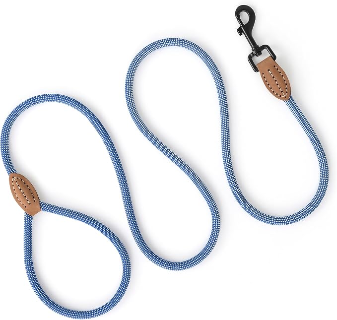 Mile High Life Small Dog Leash, Thin Rope Leash with Genuine Leather Connection and Heavy Duty Metal Clasp, Great for Small Medium Dogs(Blue White,48 Inch-1/3)
