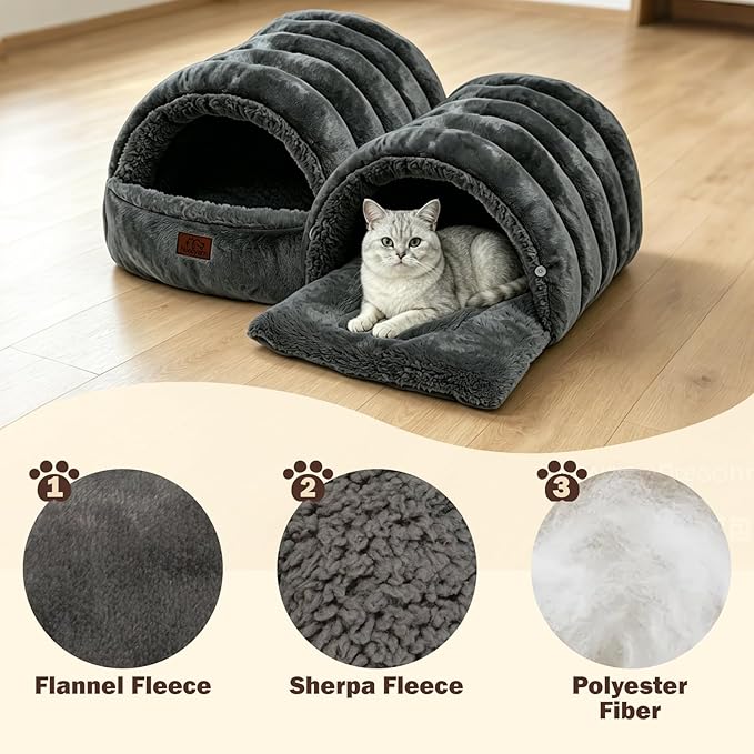 Covered Cat Bed Cave for Indoor Cats, 2-in-1 Enclosed Pet Bed for Kittens with Zippered Washable Cat Mats, Cat House Bed, Dark Grey