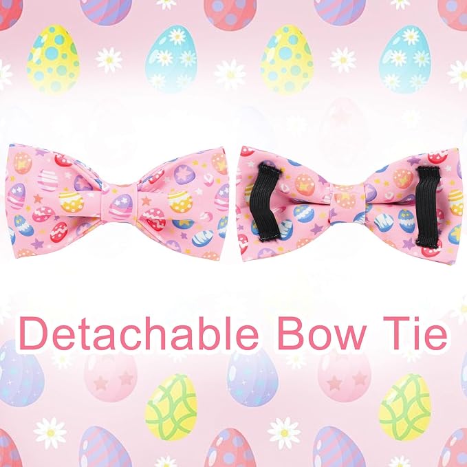 Easter Day Dog Collar with Bow, UP URARA PUP Easter Eggs Adjustable Pet Collar Bowtie with Metal Buckle, Colorful Eggs Cotton Dog Collars for Small Medium Large Dogs, L