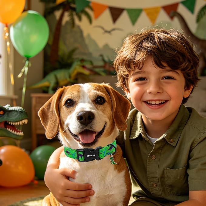DOGWONG Dinosaur Dog Collar for Medium Dogs, Adjustable Cute Boy Dog Collars, Green Summer Boy Dogs Collars for Small Medium Dogs, Neck 14-21 inches