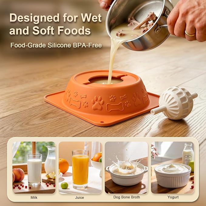 Slow Feeder Dog Bowl for Liquid Treats, Anti-Slip Lick Bowl with Smooth Rolling Ball, No Spill Pet Bowl Yogurt Water Pup Lick Toy for Large Medium Small Dogs and Cats, Anxiety Relief Boredom, Orange