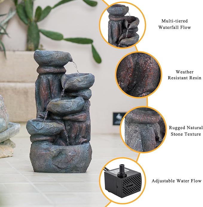 Solarbloom 19.9" H Water Fountain Outdoor/Indoor, Garden Fountain, 5-Tiers Cascading Stacked Stone Bowl Waterfall Fountain with LED Lights for Patio Yard Deck Decor