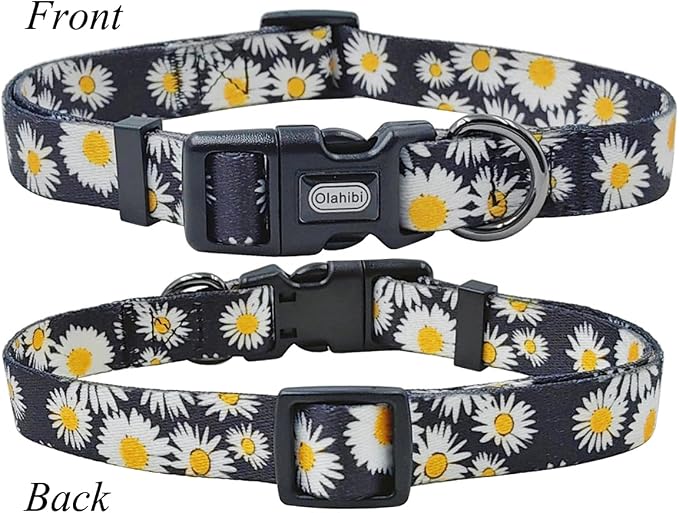 Dog Collar and Leash Set, Cute Daisy Pattern, Polyester Material, 5ft Leash, for Puppy Dogs.(Extra Small,Black Daisy)