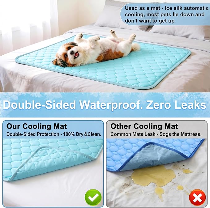 Vivifying Cooling Mat for Dogs, 60 x 40 Inch Reversible Ice Silk Pet Cooling Blanket with Waterproof Layer for Large Dogs, Soft and Breathable Summer Pet Pad for Couch, Bed, Crate, Floor (Blue)