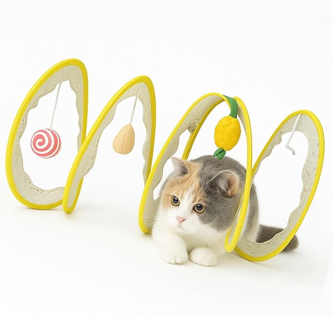 Cat Tunnel with Hanging Toys, Cat Toys Kitten Toys Assorted, Indoor Activity Center for Cats and Kittens, 10 x 22 inches (Yellow)