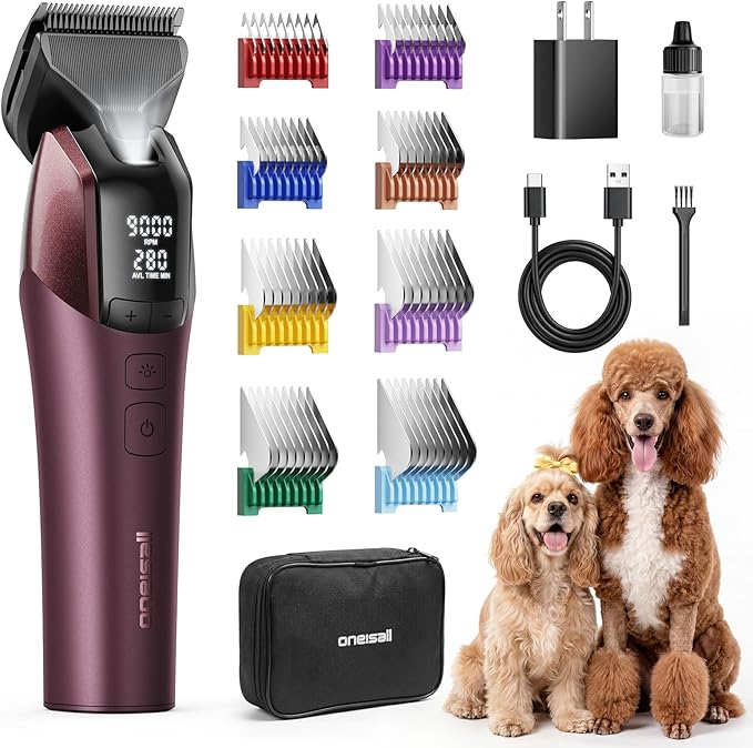 oneisall Dog Clippers for Grooming Thick Hair, Professional 9000RPM 5 Speed with 5 in 1 DLC Blade, 280min Cordless, Low Noise Dog Grooming Kit with 8 Metal Combs Carring Case for Dogs Cats Pet