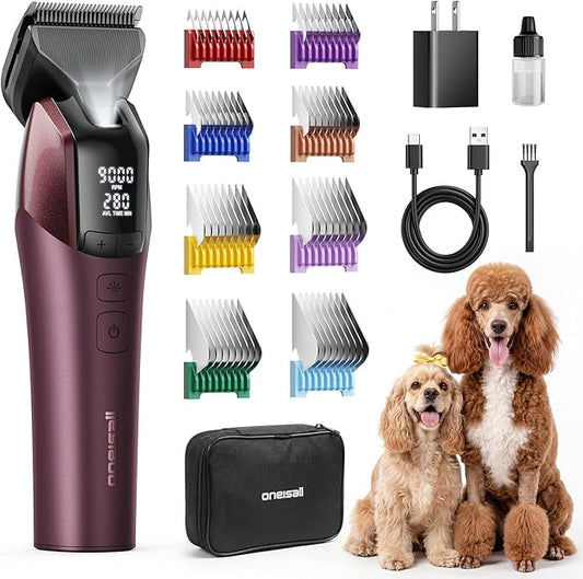 oneisall Dog Clippers for Grooming Thick Hair, Professional 9000RPM 5 Speed with 5 in 1 DLC Blade, 280min Cordless, Low Noise Dog Grooming Kit with 8 Metal Combs Carring Case for Dogs Cats Pet