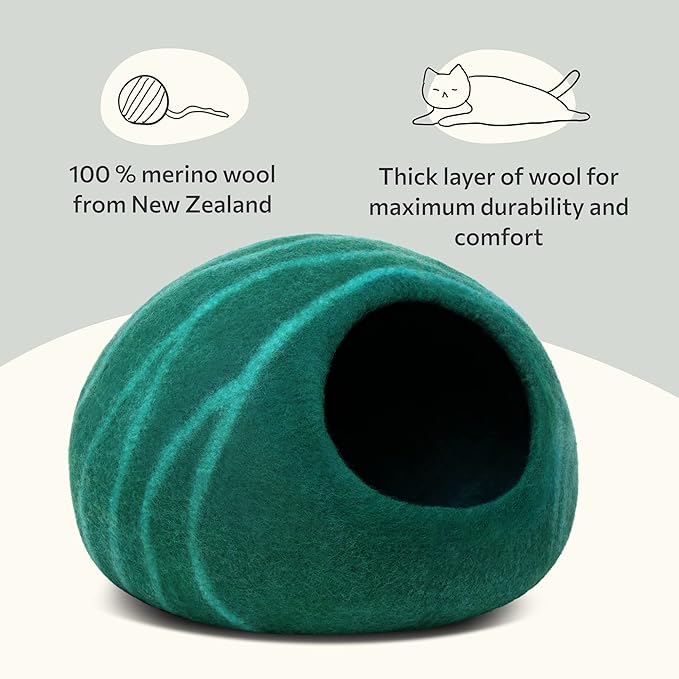 MEOWFIA Cat Cave – Premium Felt Cat Enclosure for Indoor Cats, Handmade Merino Wool (Emerald, Large)