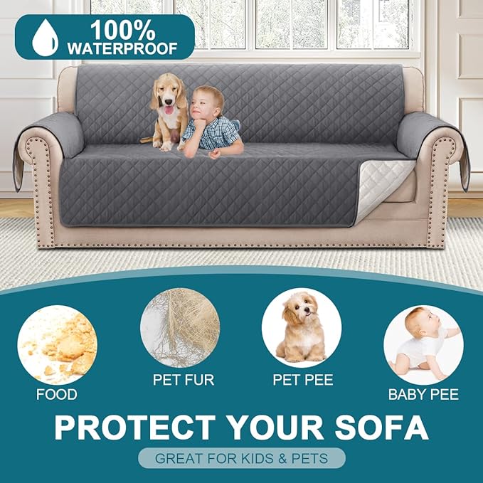Turquoize 100% Waterproof Couch Cover Sofa Covers Washable Couch Covers for 3 Cushion Couch Sofa Pet Friendly Triple Non-Slip Couch Cover for Dogs Furniture Covers for Pets, Kids,Dog (Sofa 70", Gray)