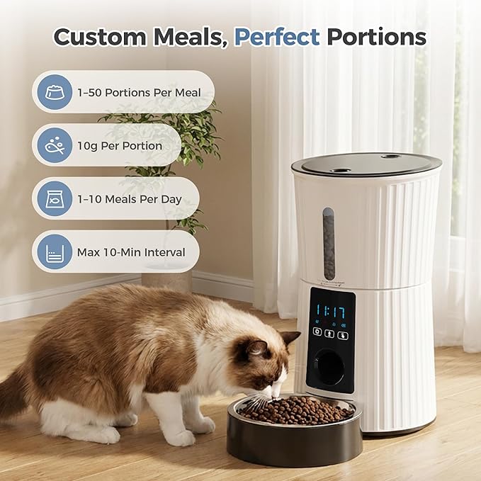 DUMOS 2.4G WiFi Automatic Cat Feeder, 4L Timed Cat Food Dispenser with APP Control, 10s Voice Recorder, Dual Power Supply, Indoor Programmable Pet Feeder with Desiccant for Small Cats and Dogs, White