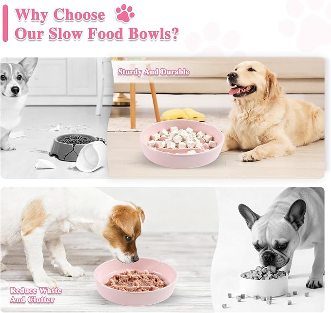 Ceramic Slow Feeder Dog Bowls, 1.5 Cups Dog Food Dish for Medium and Large Breed, Puzzle Dog Food Bowl for Fast Eater, 28OZ, 7.5 inch(Pink)