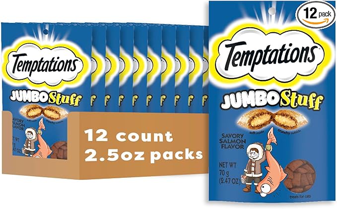 Temptations Jumbo Stuffed Cat Treats, Crunchy and Soft Cat Treats, Savory Salmon Flavor, 2.5 oz. Pouch (Pack of 12)