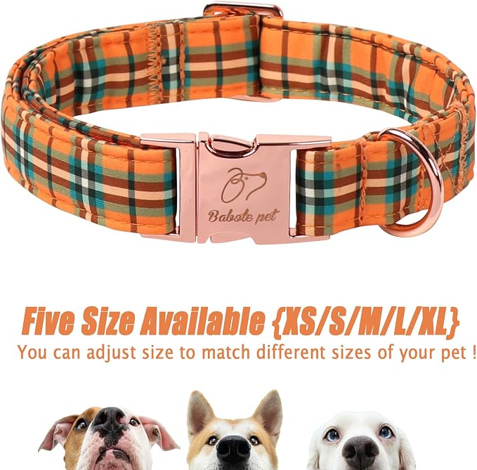 Fall Dog Collar for Large Dogs - Vintage Orange Green Plaid Tanksgiving Puppy Collar, Adjustable Heavy Duty Halloween Festivel Dog Collars with Metal Buckle XL