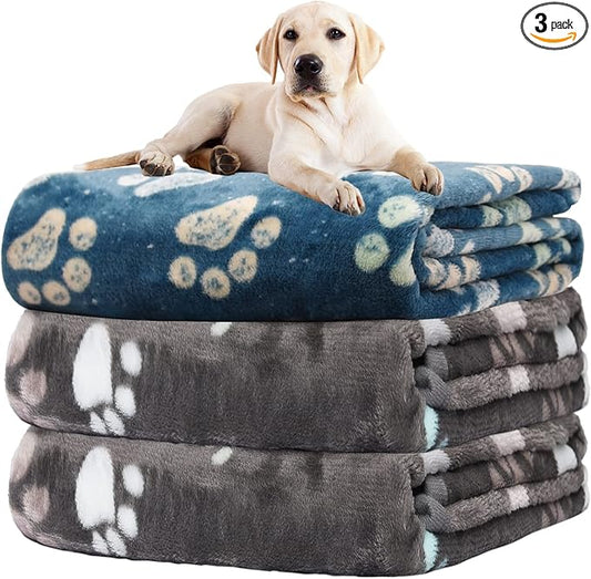 Rezutan Dog Blankets for Large Dogs, Premium Cat Flannel Blanket Washable, Soft Pet Throw Cover for Kennel Crate Bed, Cute Paw Pattern, 41x31 inch, 2Gray1Blue