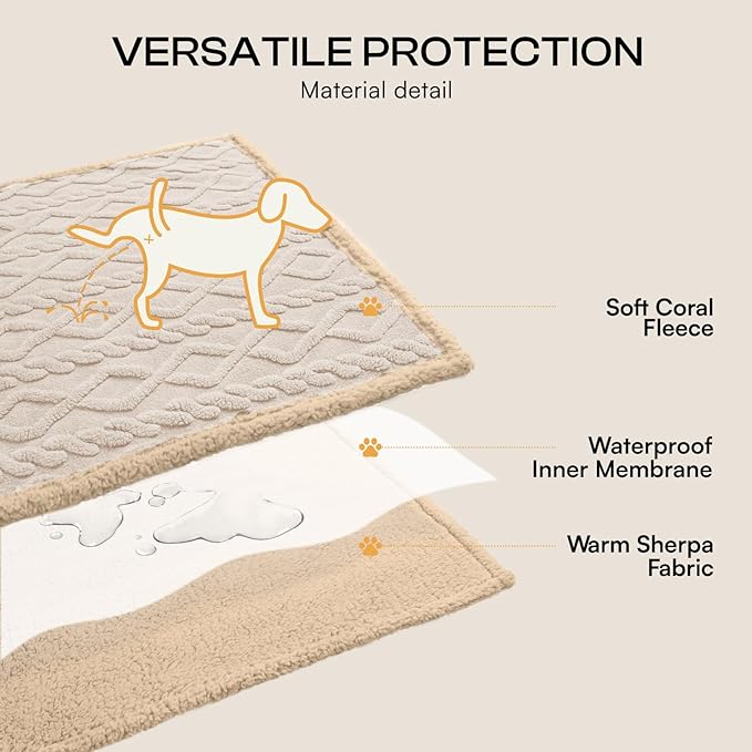 Waterproof Pet Blanket, Liquid Pee Proof Dog Blanket for Sofa Bed Couch, Reversible Sherpa Fleece Furniture Protector Cover for Small Medium Large Dogs Cats, Beige-thicken King Size（90" x 82"）